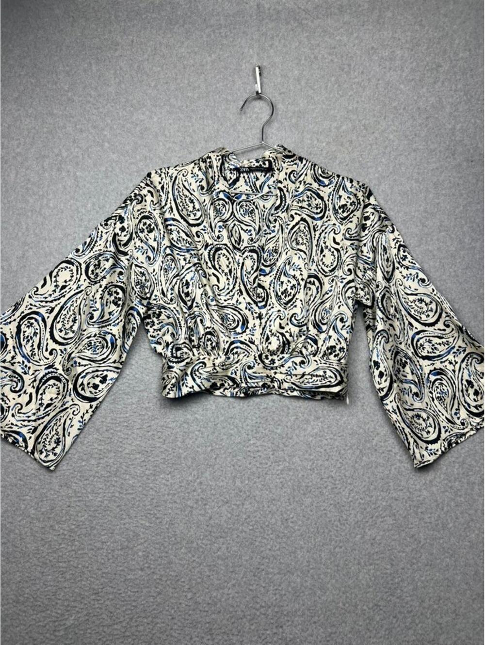 y2k Zara Satin Scarf Flare Sleeve Paisley Crop Top Blouse XS Chic Coquette Artsy